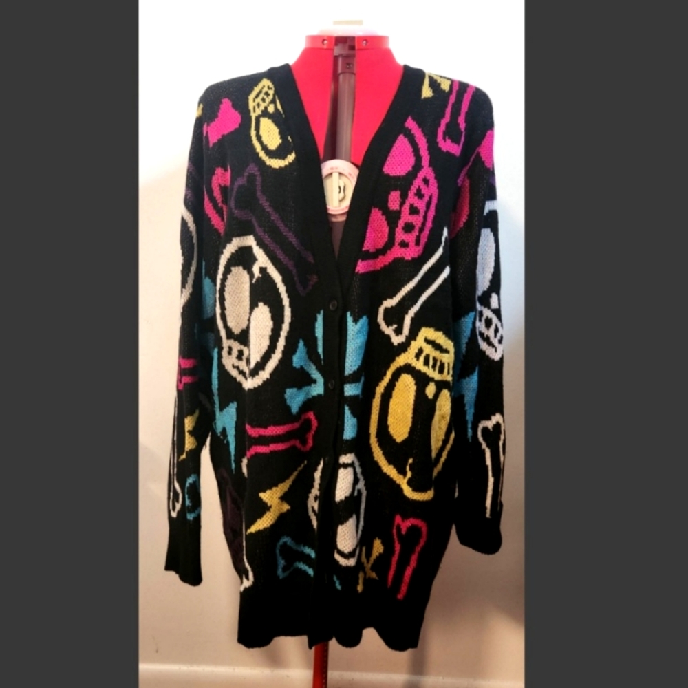 Dolls Kill x tokidoki Brb Au Revoir Again Intarsia Neon Skull Heart Cardigan